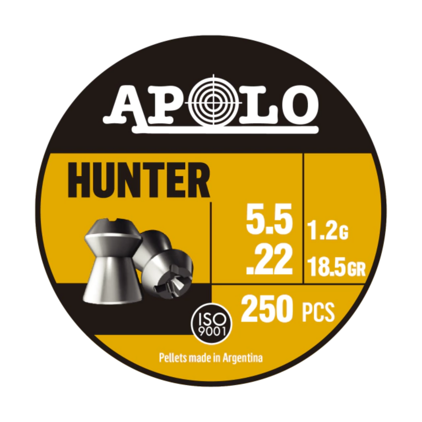 Diábolos Apolo Hunter calibre .22 – Caja de 250 unidades con diseño expandible para cacería y tiro de alto impacto en rifles de aire.