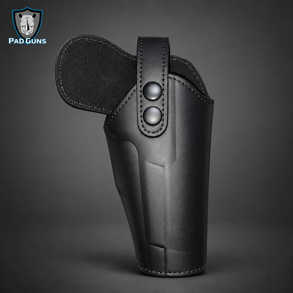 Funda Táctica en Cuero Negro – Porte Clásico con Herrajes Metálicos y Presilla de Cinturón