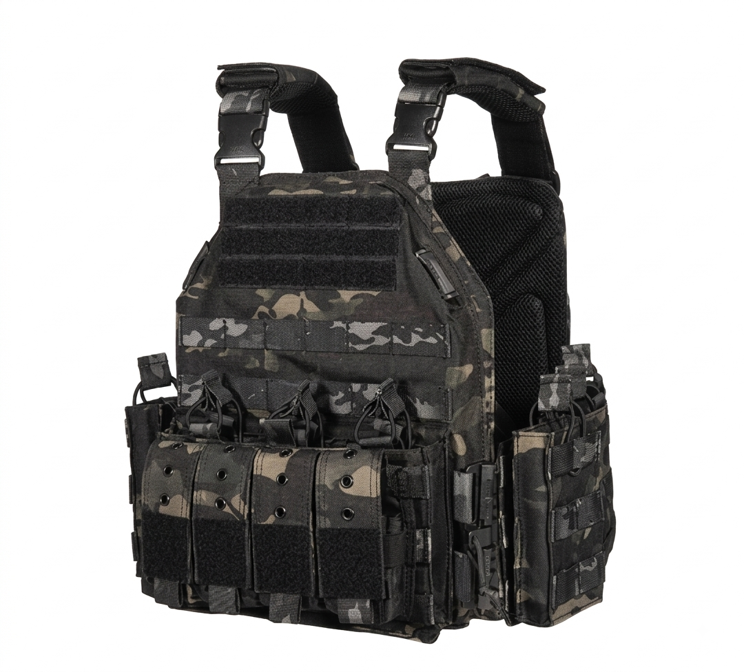 Chaleco Táctico Plate Carrier Multicam Black – MOLLE, Quick Release y Porta Cargadores Integrado