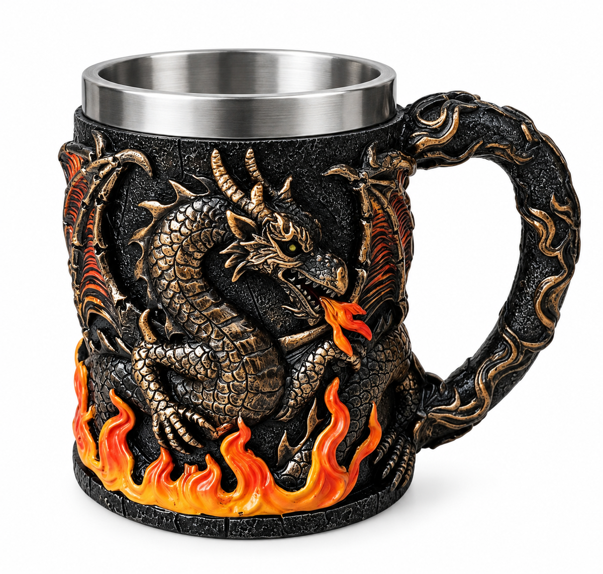 Taza medieval de dragón en relieve con llamas