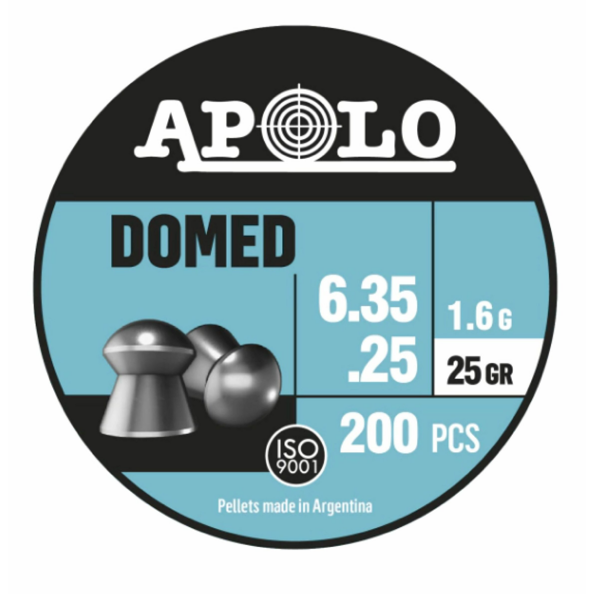 Diábolos Apolo Domed calibre .25 – Pack de 200 unidades de 25gr con punta redondeada para precisión y trayectoria estable en rifles PCP