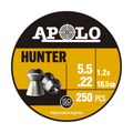 Diábolos Apolo Hunter calibre .22 – Caja de 250 unidades con diseño expandible para cacería y tiro de alto impacto en rifles de aire.