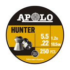 Diábolos Apolo Hunter calibre .22 – Caja de 250 unidades con diseño expandible para cacería y tiro de alto impacto en rifles de aire.