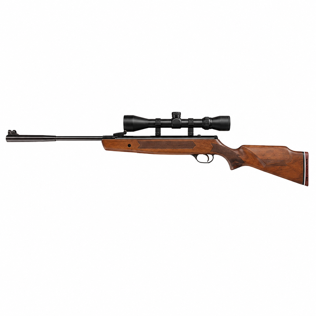 Hatsan Striker 1000X Hardwood rifle de aire con culata de madera y mira telescópica instalada, vista lateral completa