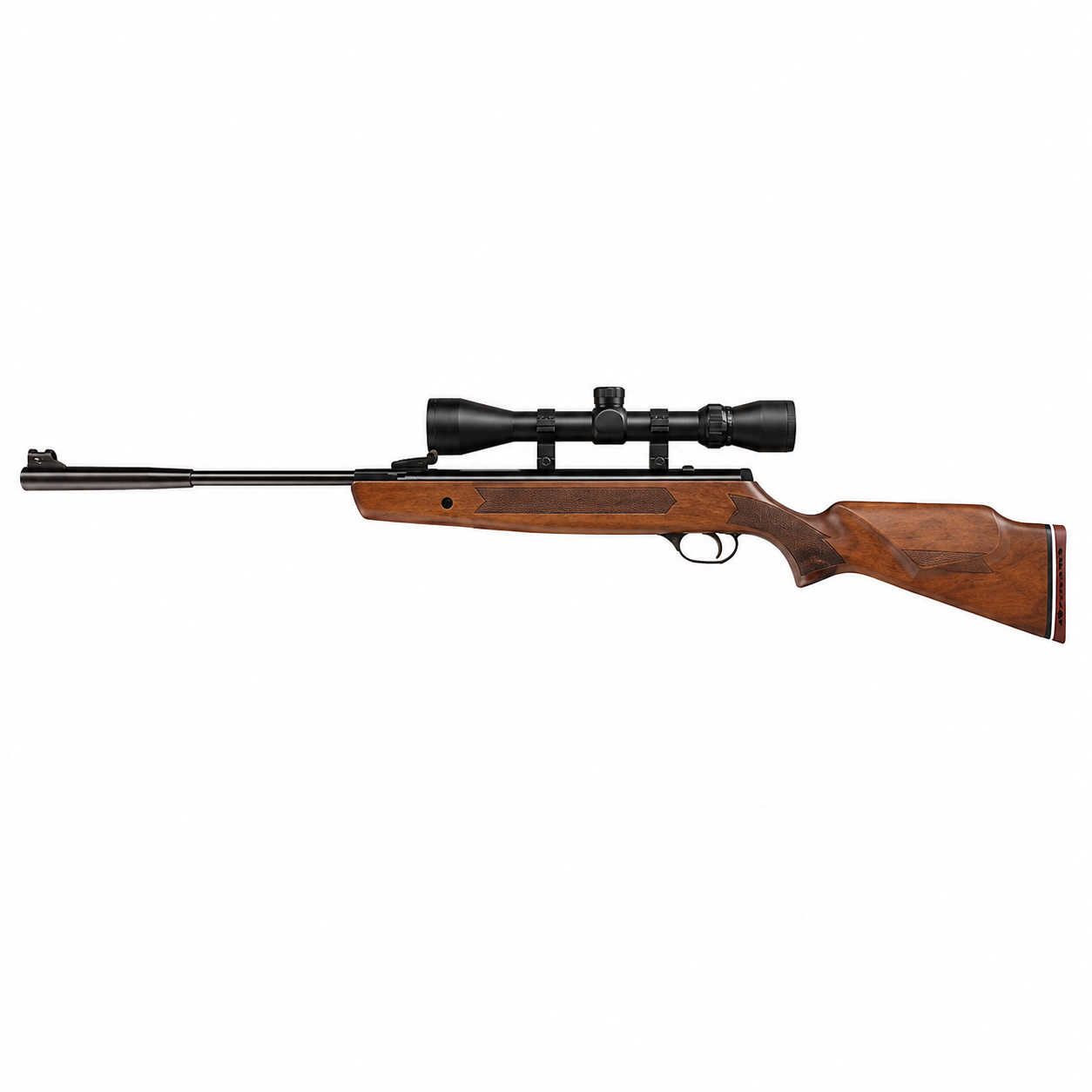 Hatsan Striker 1000X Hardwood rifle de aire con culata de madera y mira telescópica instalada, vista lateral completa