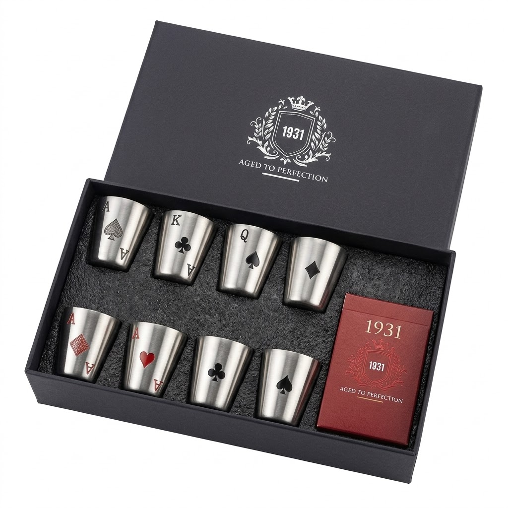 Set de 8 vasos de chupito shot en acero inoxidable con grabados láser de naipes de póker y baraja de cartas en estuche rojo 1931, presentados en caja rígida negra mate con sello 1931 Aged to Perfection