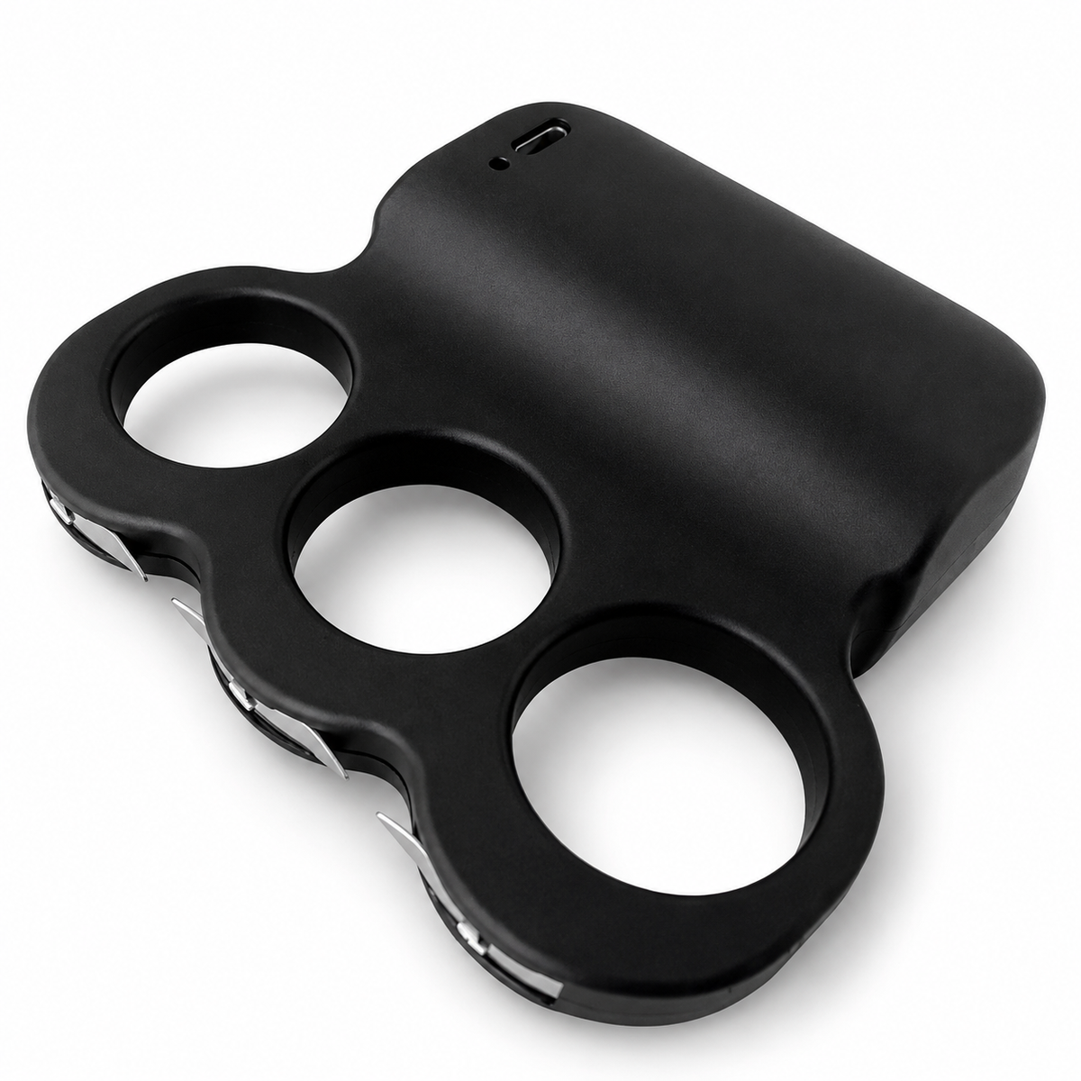Manopla Taser táctica negra de defensa personal con tres aros de agarre y electrodos metálicos, vista superior en ángulo