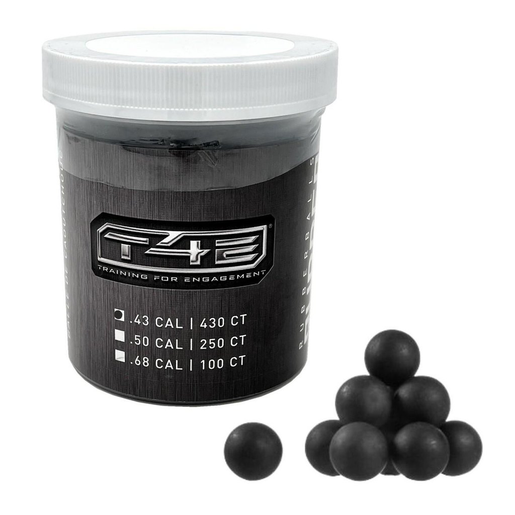Envase T4E Training for Engagement rubberballs bolas de goma negras calibre .43 cal 430 unidades, con bolas esparcidas mostrando tamaño y textura, vista en ángulo