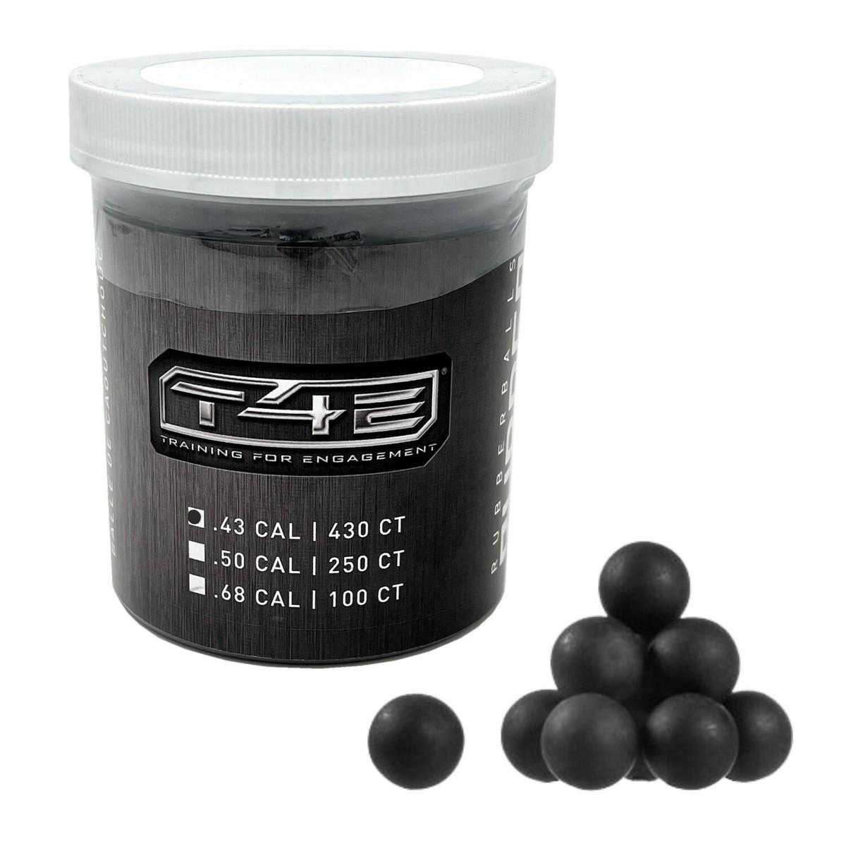 Envase T4E Training for Engagement rubberballs bolas de goma negras calibre .43 cal 430 unidades, con bolas esparcidas mostrando tamaño y textura, vista en ángulo