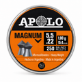 Lata Apolo Magnum balines calibre 5.5mm .22 cal 1.00g 15.4gr 250 unidades microcalibrados heavy weight hecho en Argentina, vista frontal tapa naranja