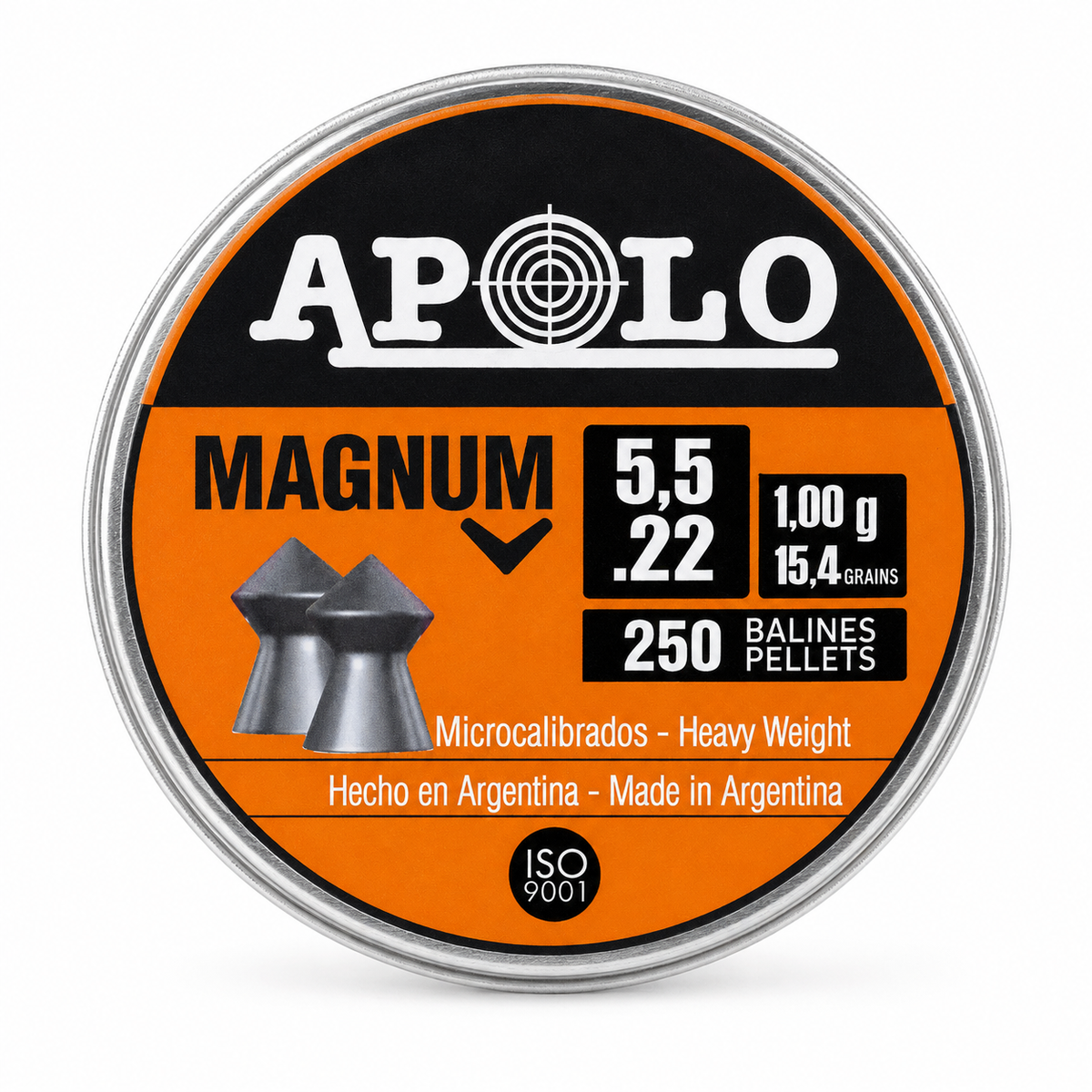 Lata Apolo Magnum balines calibre 5.5mm .22 cal 1.00g 15.4gr 250 unidades microcalibrados heavy weight hecho en Argentina, vista frontal tapa naranja