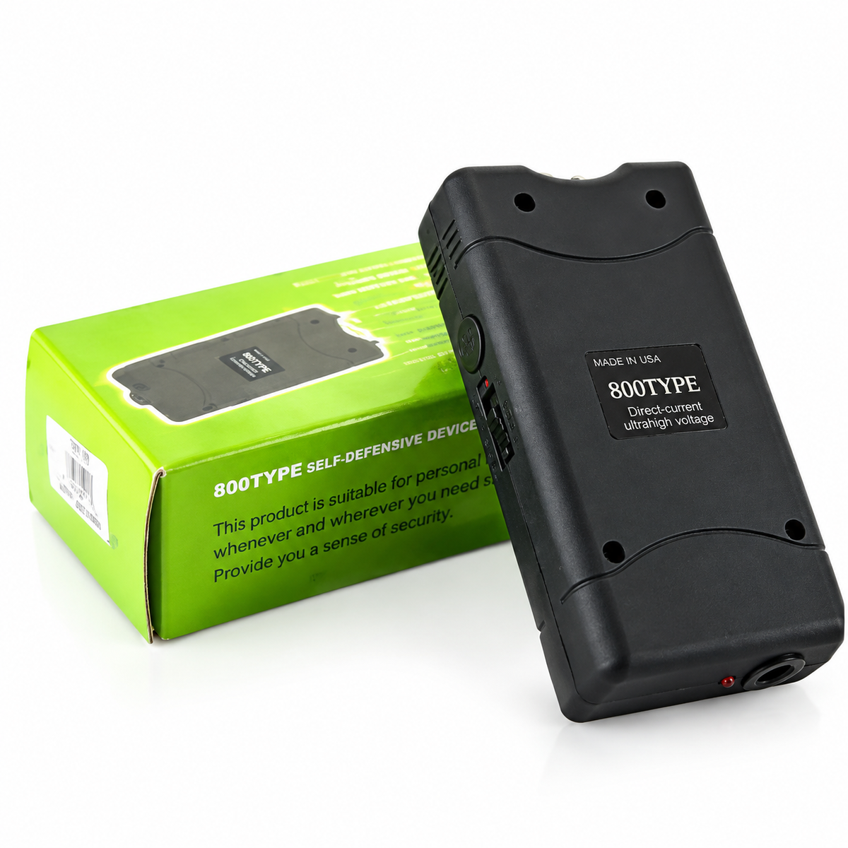 Dispositivo de seguridad personal 800 Type negro compacto con caja verde de presentación, vista lateral mostrando controles e indicador LED