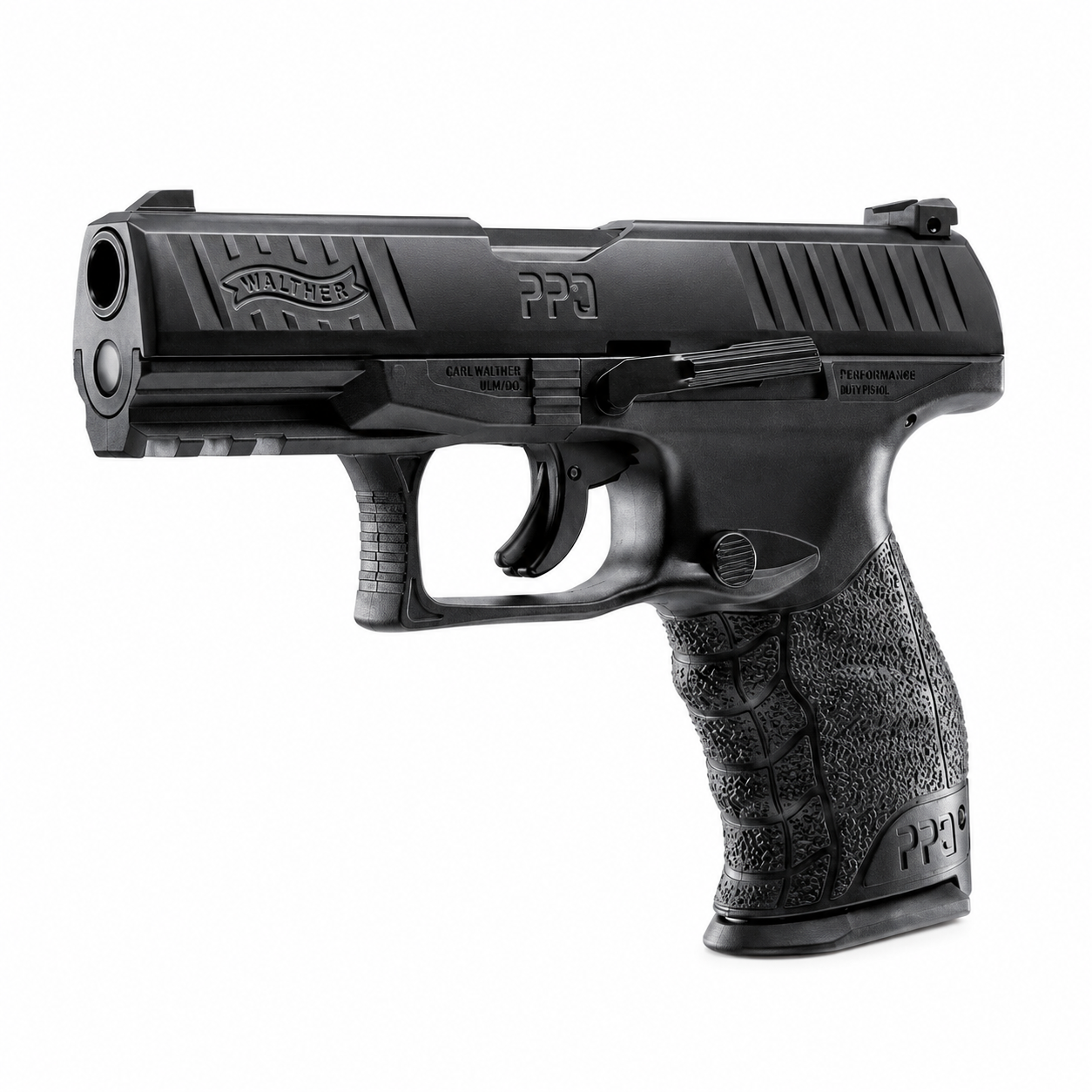 Walther PPQ M2 T4E calibre .43 CO2 pistola semiautomática blowback negra con corredera metálica y riel Picatinny inferior, vista lateral completa
