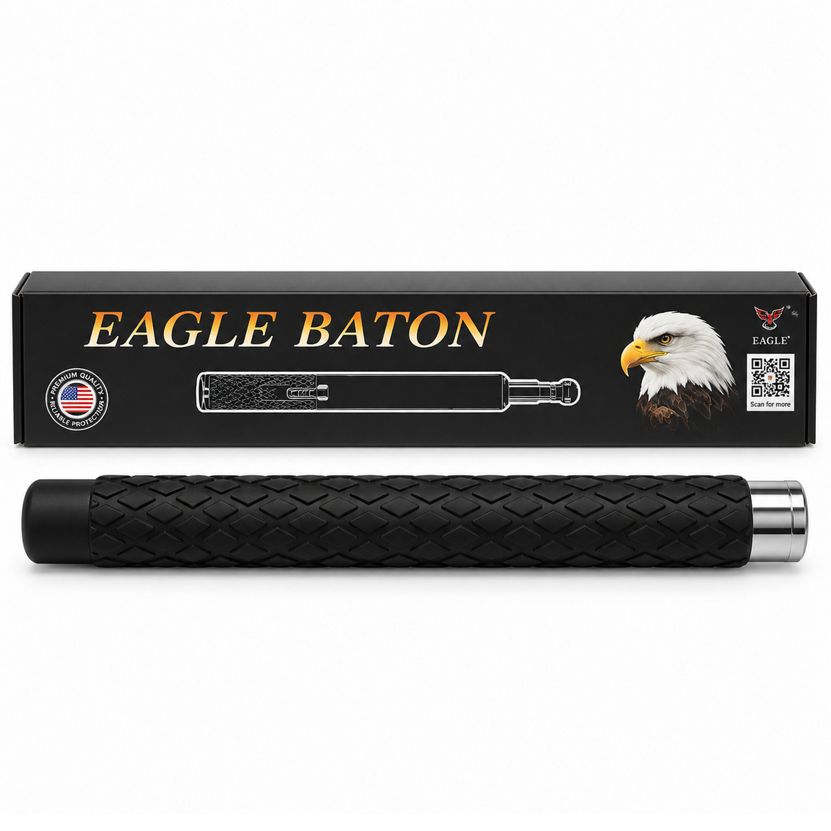 Eagle Baton táctico 65 cm fino plateado con empuñadura negra texturizada tipo diamante y extremo metálico plateado, junto a caja negra de presentación premium marca Eagle