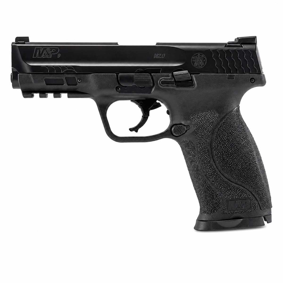 Umarex T4E Smith & Wesson M&P9 M2.0 calibre .43 CO2 pistola blowback negra con corredera móvil y cargador extraíble, vista lateral completa