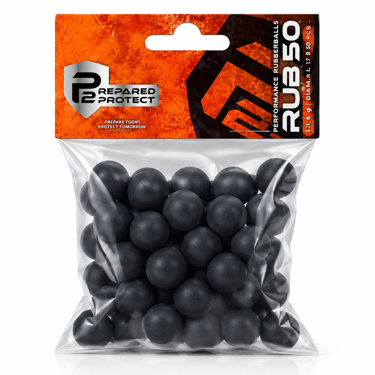 P2P RUB50 Prepared 2 Protect bolas de goma negras reutilizables calibre .50 17mm 11.4g paquete de 50 unidades, vista frontal bolsa transparente