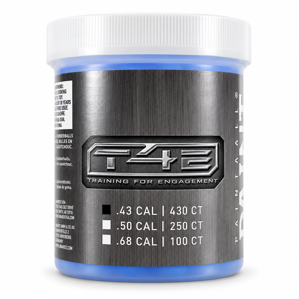 Envase T4E Training for Engagement rubberballs bolas de goma azul calibre .43 cal 430 unidades marca Umarex, vista frontal tapa blanca con etiqueta plateada