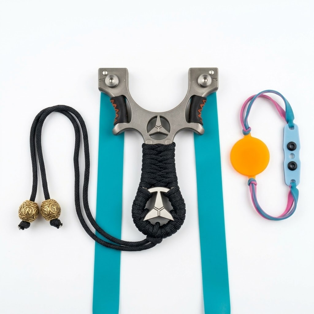 Resortera táctica de precisión en metal gris cepillado con empuñadura paracord negro, bandas planas de látex turquesa, cordón fiador con cuentas metálicas doradas, objetivo de silicona naranja y banda de repuesto bicolor azul y rosado, kit completo vista frontal