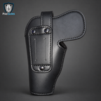 Funda táctica en cuero negro con costuras perimetrales, presilla posterior con herrajes metálicos circulares y acabado liso semimate, diseño contorneado para arma corta, vista frontal sobre fondo gris, logo PaD Guns