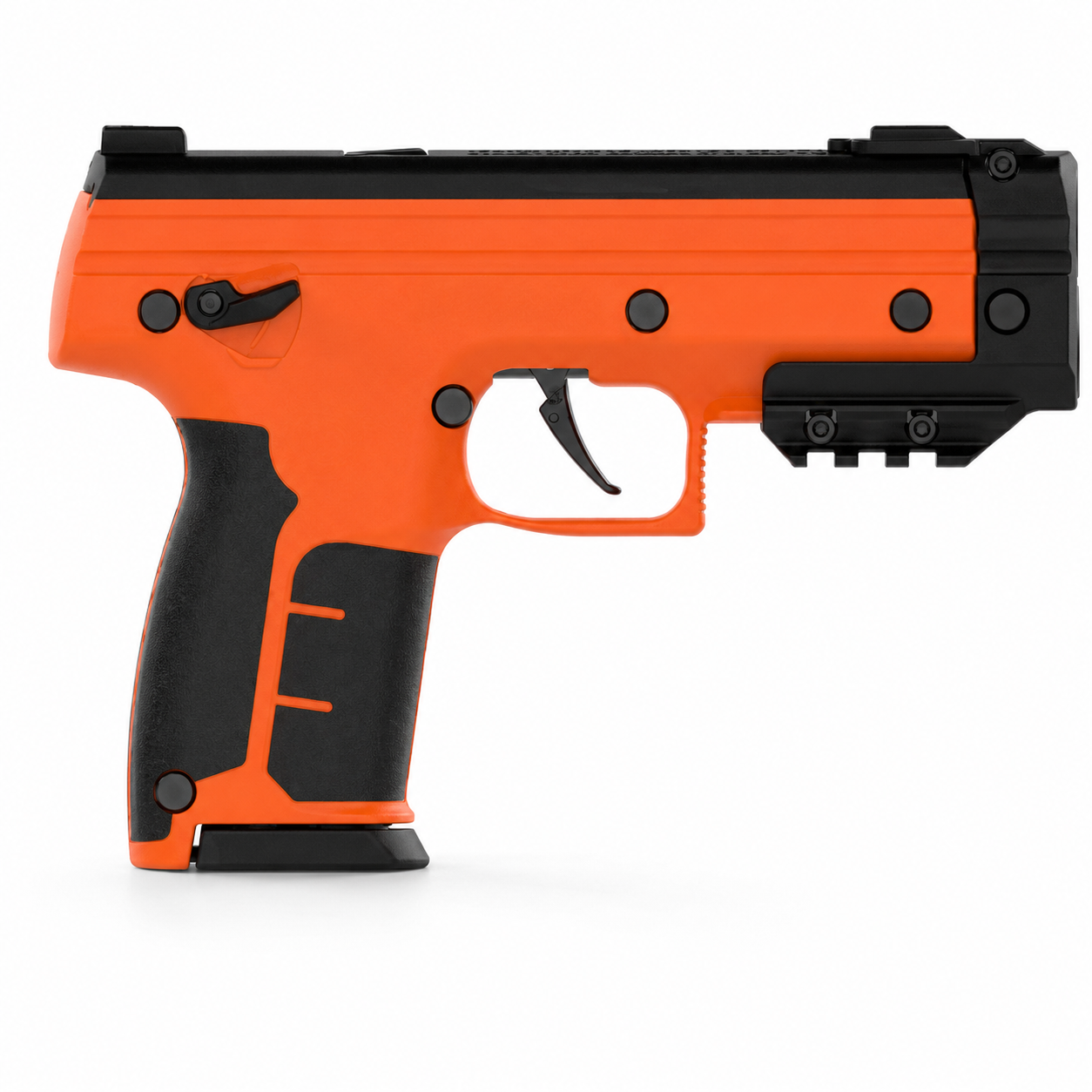 Byrna SDXL calibre .68 CO2 lanzador menos letal Safety Orange con riel Picatinny, cargador intercambiable y empuñadura goma, vista lateral completa
