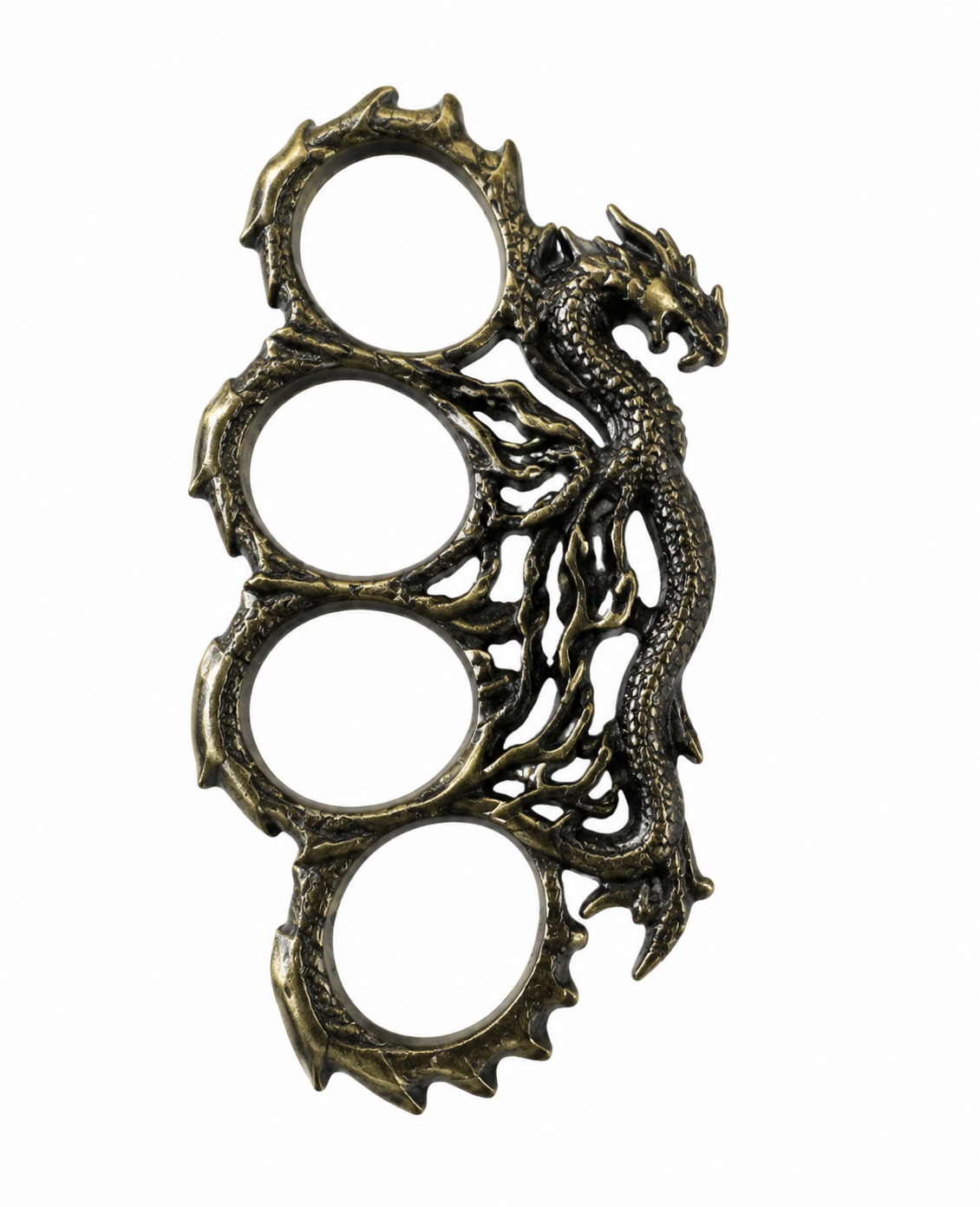 Manopla metálica diseño dragón bronce envejecido con cuatro aros y figura mitológica en relieve con escamas, vista frontal completa