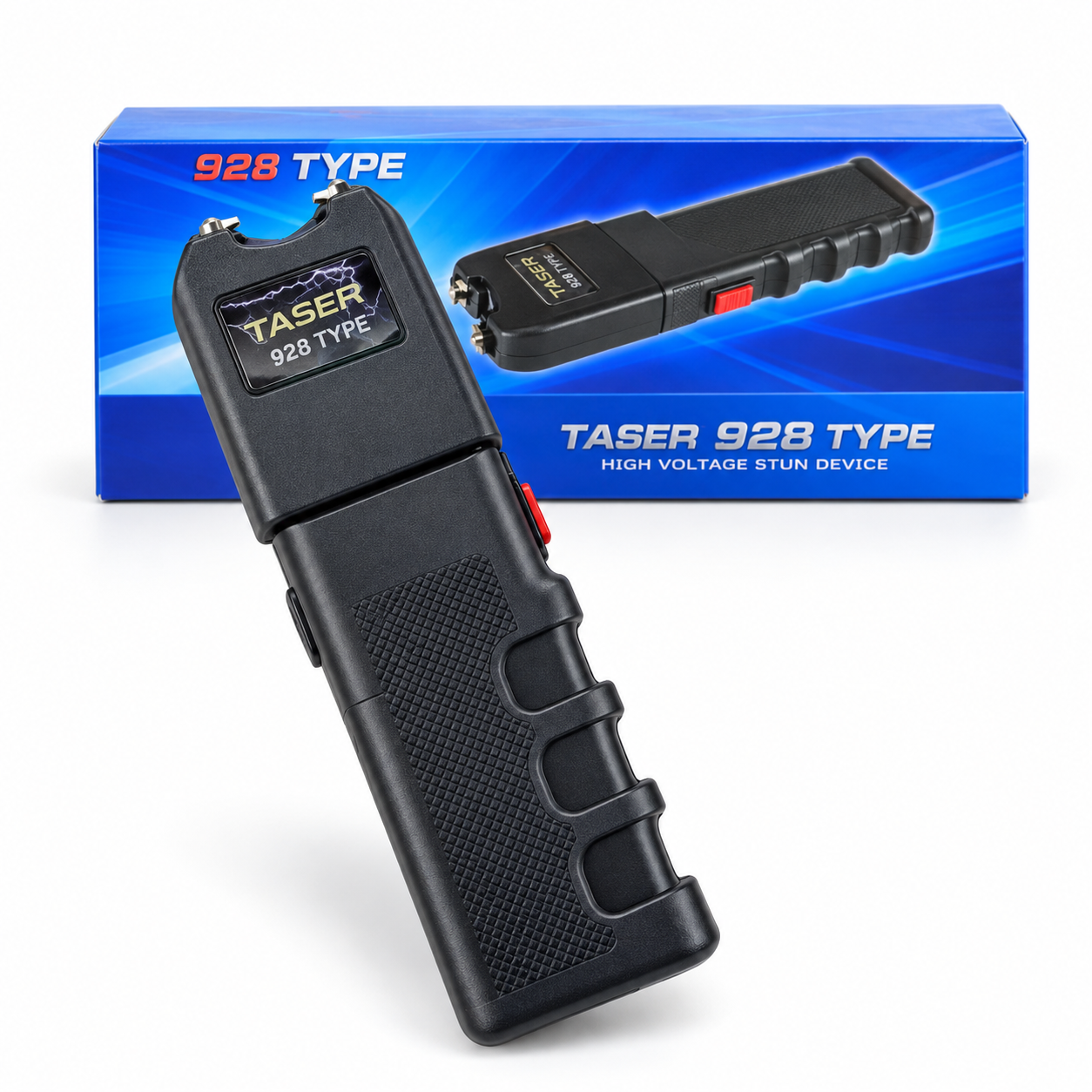 Dispositivo de seguridad personal Taser 928 Type negro con empuñadura texturizada, electrodo superior, botón rojo de activación y caja azul de presentación original