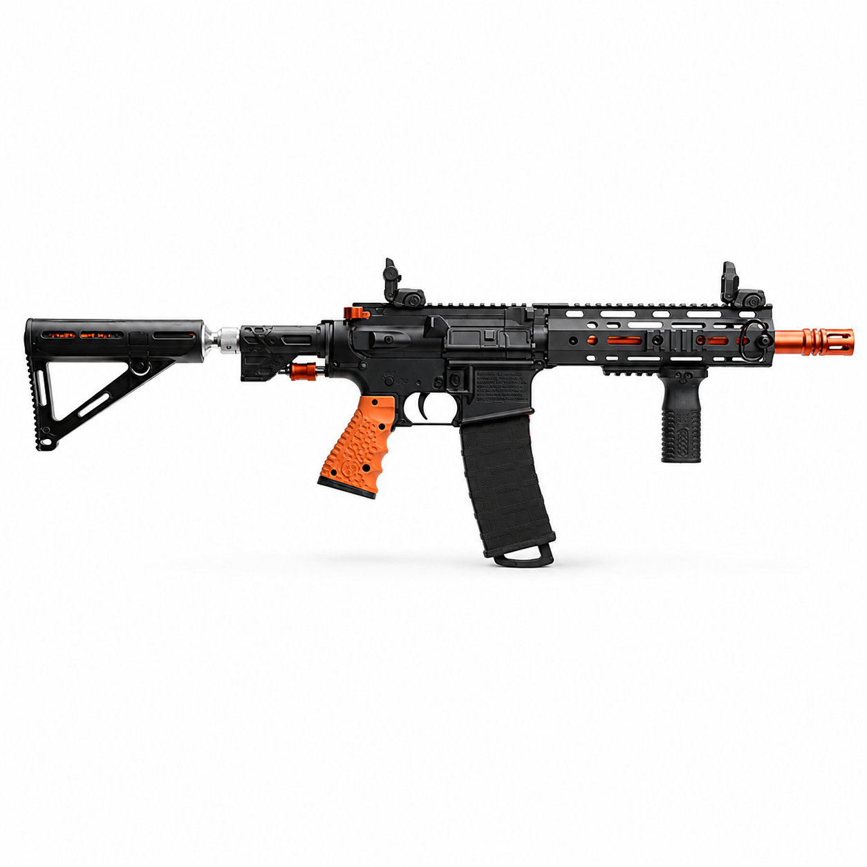 Byrna Mission 4 calibre .68 CO2 lanzador menos letal semiautomático estilo AR-15 negro y naranja con guardamanos M-LOK, rieles Picatinny y miras abatibles, vista lateral completa