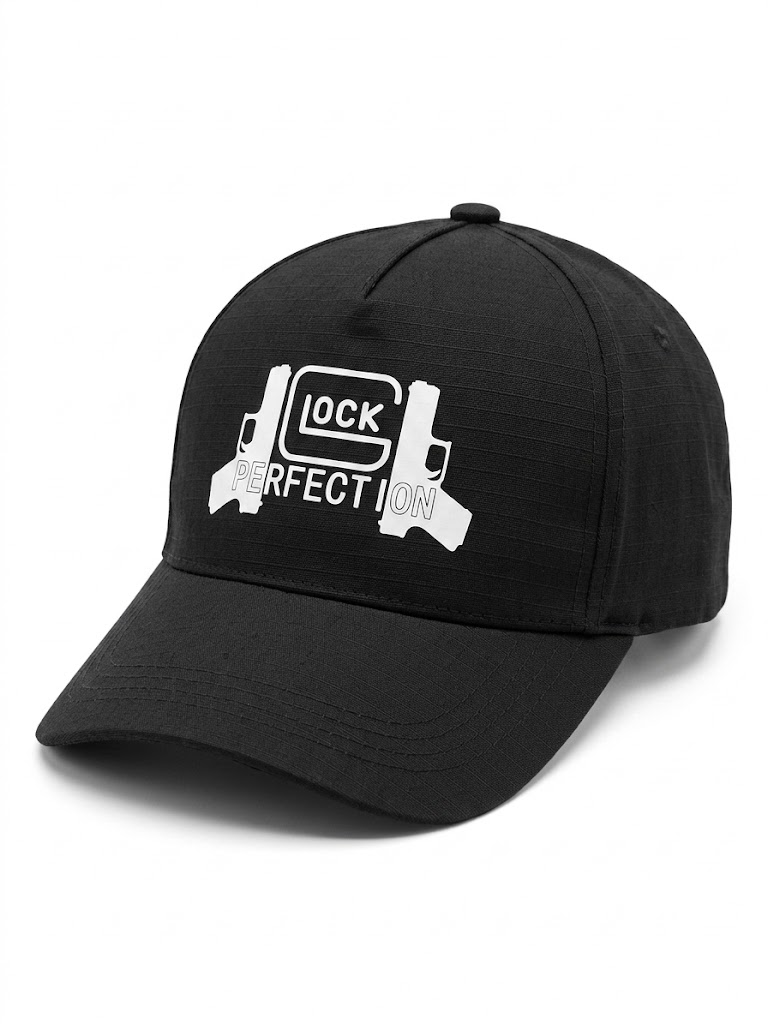 Gorra Táctica Negra Ripstop con estampado Glock Perfection y siluetas de pistolas