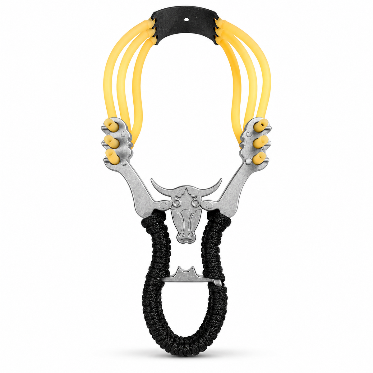 Resortera táctica metálica con emblema decorativo de toro en el cuerpo, triple banda de látex amarillo, mango ergonómico recubierto con cuerda trenzada negra y bolsa de sujeción, vista frontal completa