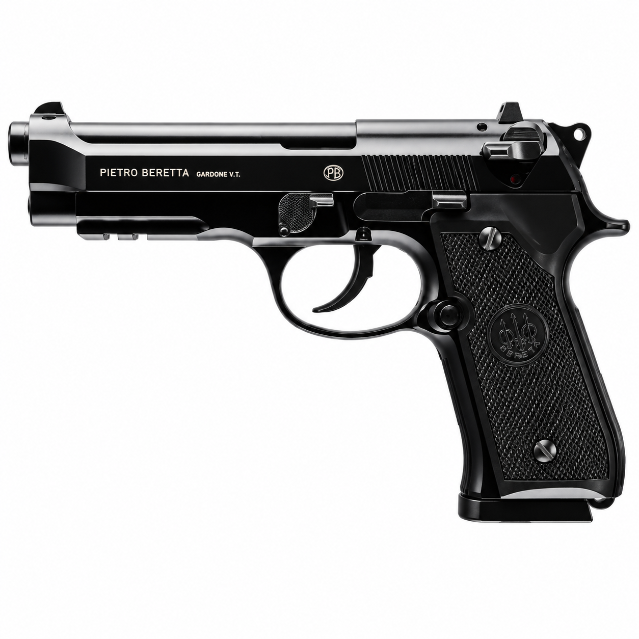 Beretta M92 A1 CO2 calibre 4.5mm pistola de aire semiautomática negra con corredera metálica y empuñadura ergonómica, vista lateral completa