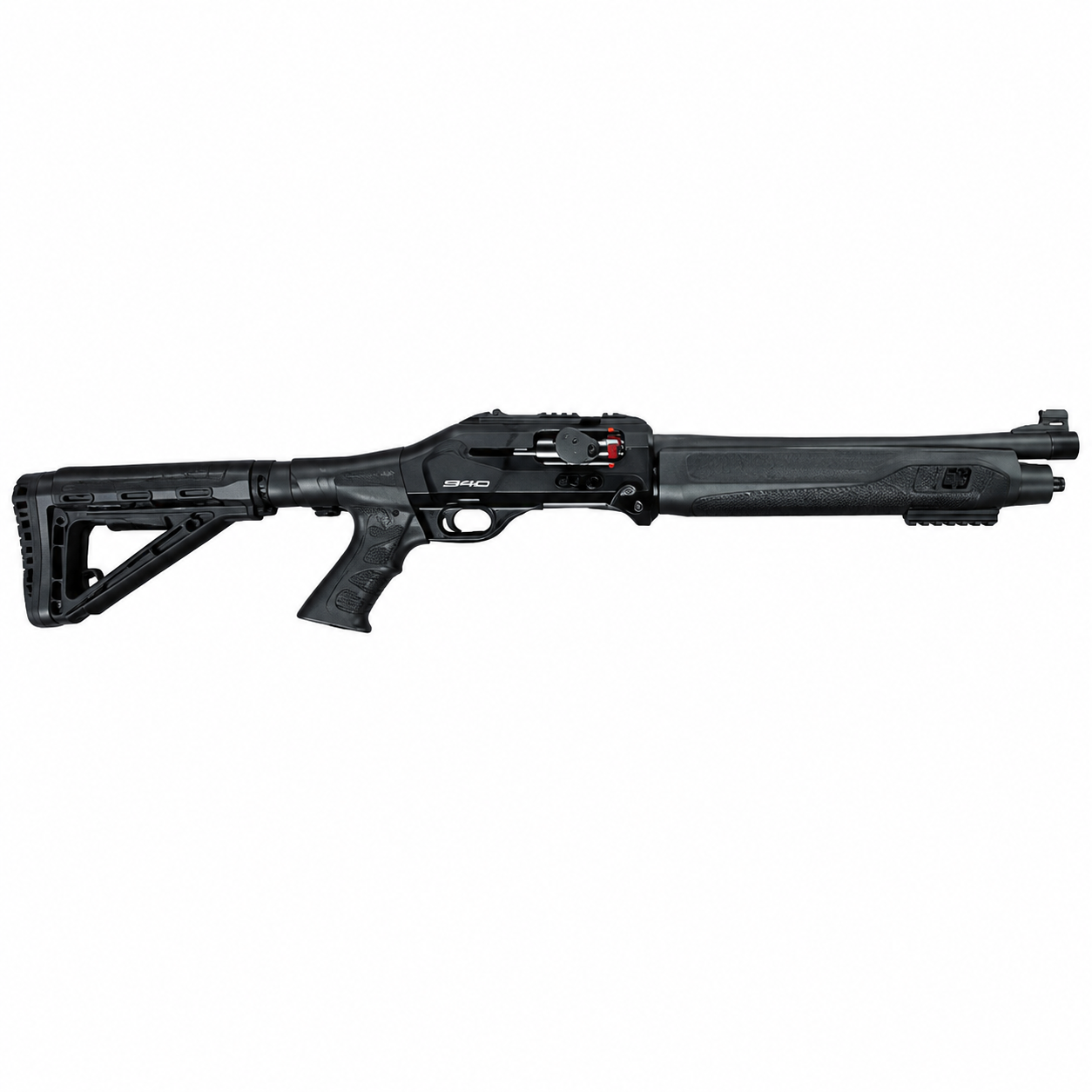 Axor Arms F4G escopeta traumática semiautomática compacta negra con culata tipo M4 ajustable, pistol grip y riel Picatinny, vista lateral completa