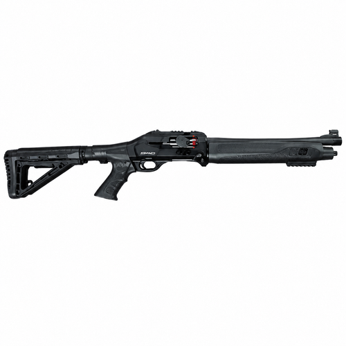 Axor Arms F4G escopeta traumática semiautomática compacta negra con culata tipo M4 ajustable, pistol grip y riel Picatinny, vista lateral completa