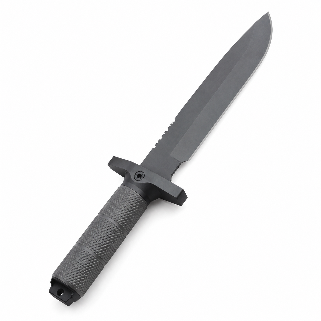 Puñal táctico estilo Rambo con hoja de acero negro mate, protector de mano y mango texturizado antideslizante, vista diagonal completa