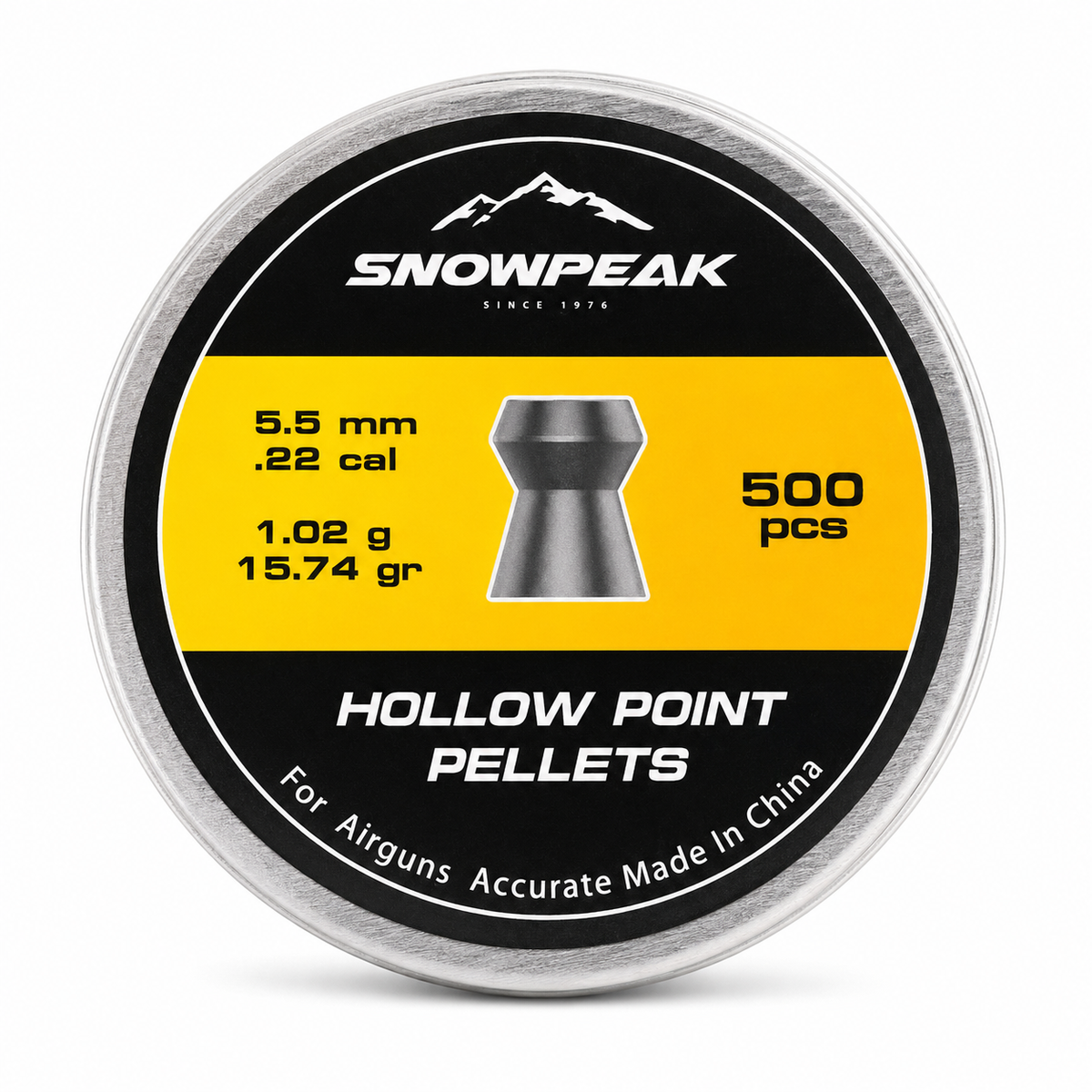 Lata Snowpeak Hollow Point Pellets calibre 5.5mm .22 cal 1.02g 15.74gr 500 unidades, vista frontal de la tapa