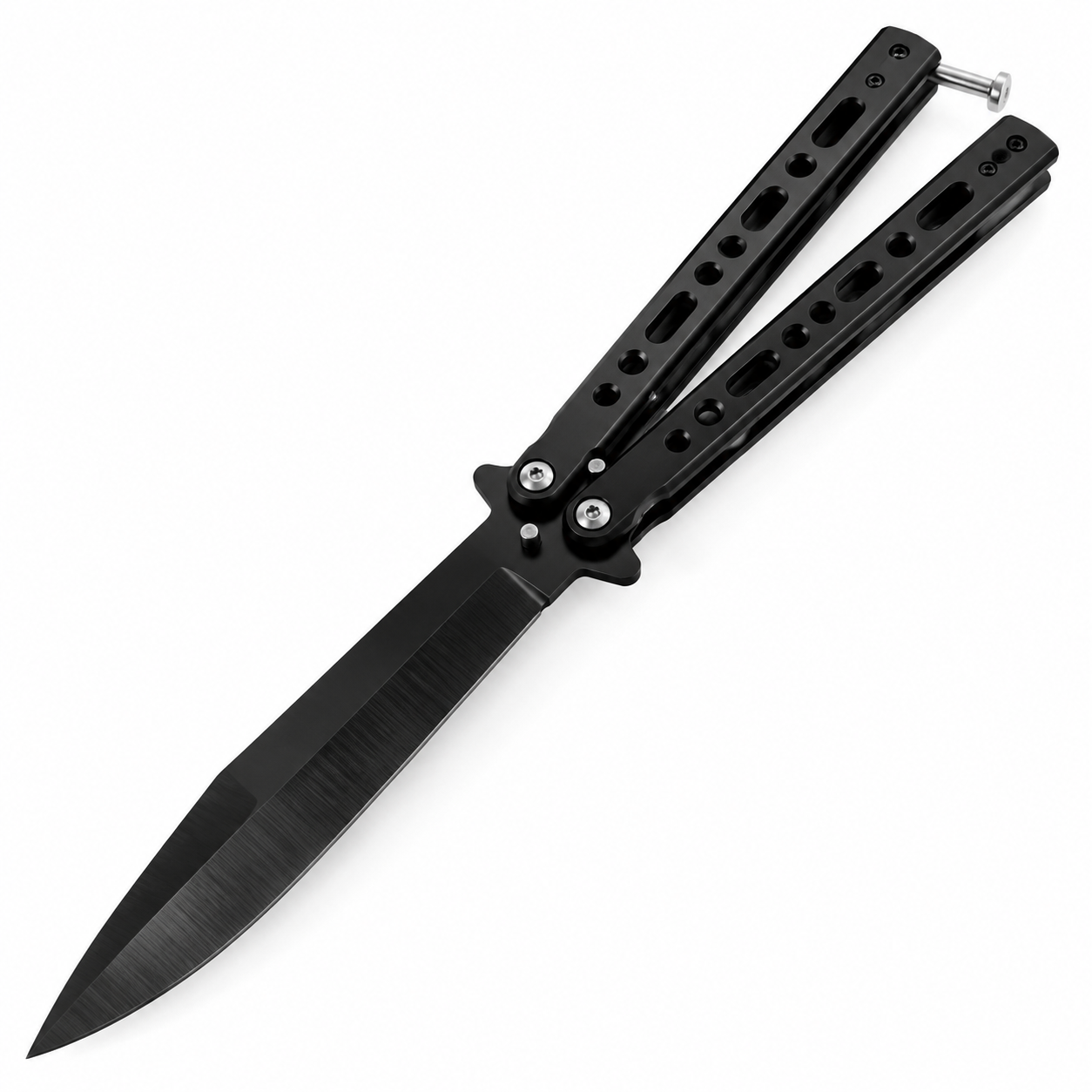Navaja mariposa balisong negra mate con hoja de acero puntiaguda larga y mangos dobles perforados con ejes giratorios y tornillería visible, vista abierta diagonal