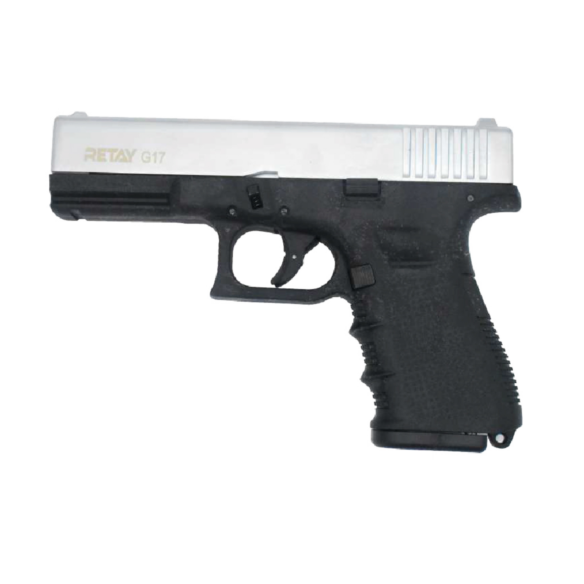 Pistola traumática Retay G17 cromada – Acabado metálico brillante con diseño realista y funcionalidad semiautomática para defensa personal